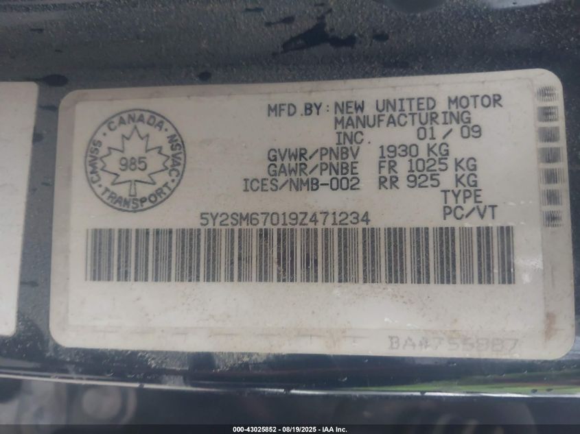 2009 Pontiac Vibe VIN: 5Y2SM67019Z471234 Lot: 43025852