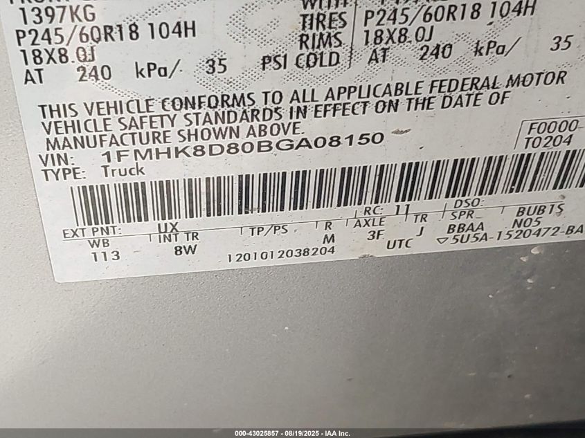 2011 Ford Explorer Xlt VIN: 1FMHK8D80BGA08150 Lot: 43025857