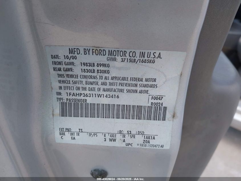 2001 Ford Focus Se VIN: 1FAHP36311W143416 Lot: 43026024