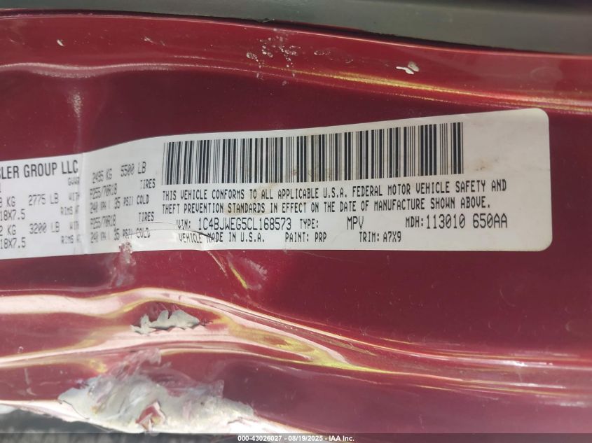 2012 Jeep Wrangler Unlimited Sahara VIN: 1C4BJWEG5CL168573 Lot: 43026027