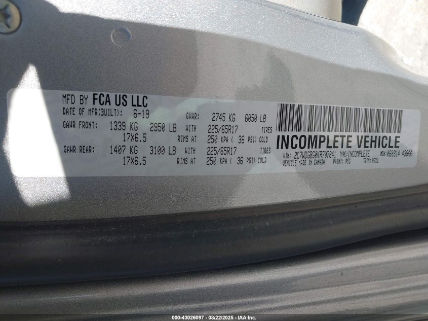 2019 Dodge Grand Caravan Se VIN: 2C7WDGBG0KR707841 Lot: 43026097