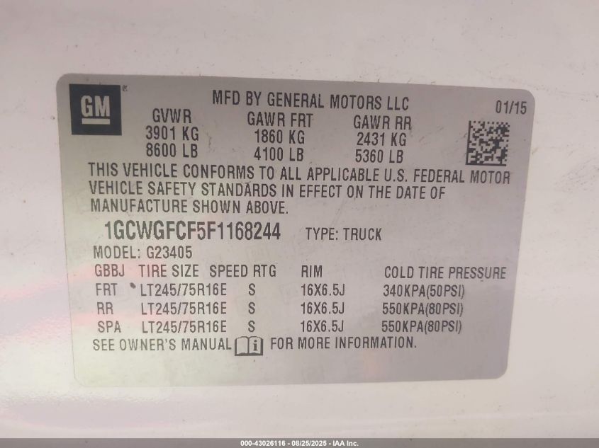 2015 Chevrolet Express 2500 Work Van VIN: 1GCWGFCF5F1168244 Lot: 43026116