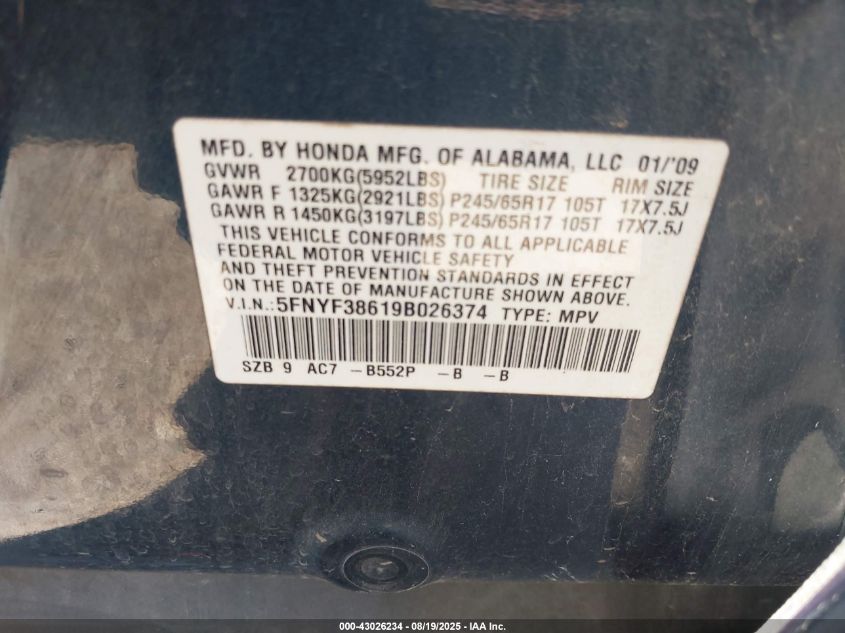 2009 Honda Pilot Ex-L VIN: 5FNYF38619B026374 Lot: 43026234