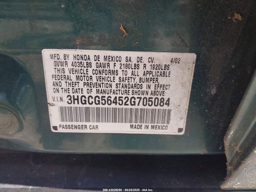 2002 Honda Accord 2.3 Lx VIN: 3HGCG56452G705084 Lot: 43026290