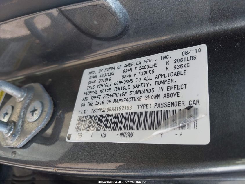 2010 Honda Accord 2.4 Ex-L VIN: 1HGCP2F86AA192183 Lot: 43026334