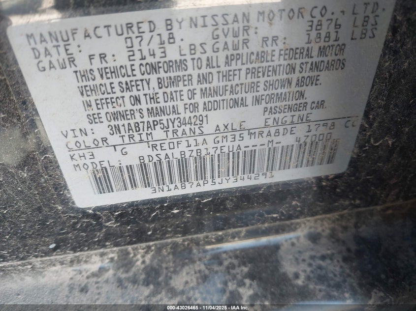 2018 Nissan Sentra S VIN: 3N1AB7AP5JY344291 Lot: 43026465