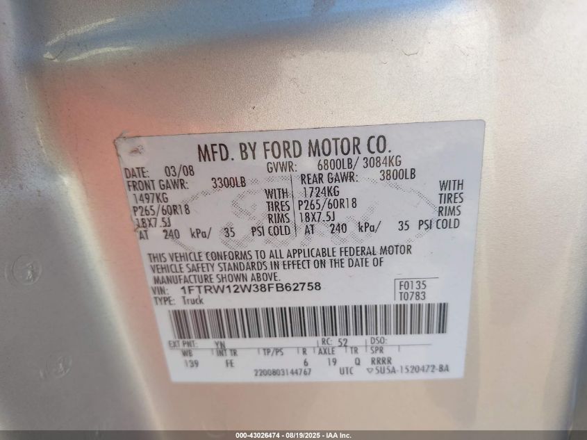 2008 Ford F-150 60Th Anniversary/Fx2/Xl/Xlt VIN: 1FTRW12W38FB62758 Lot: 43026474