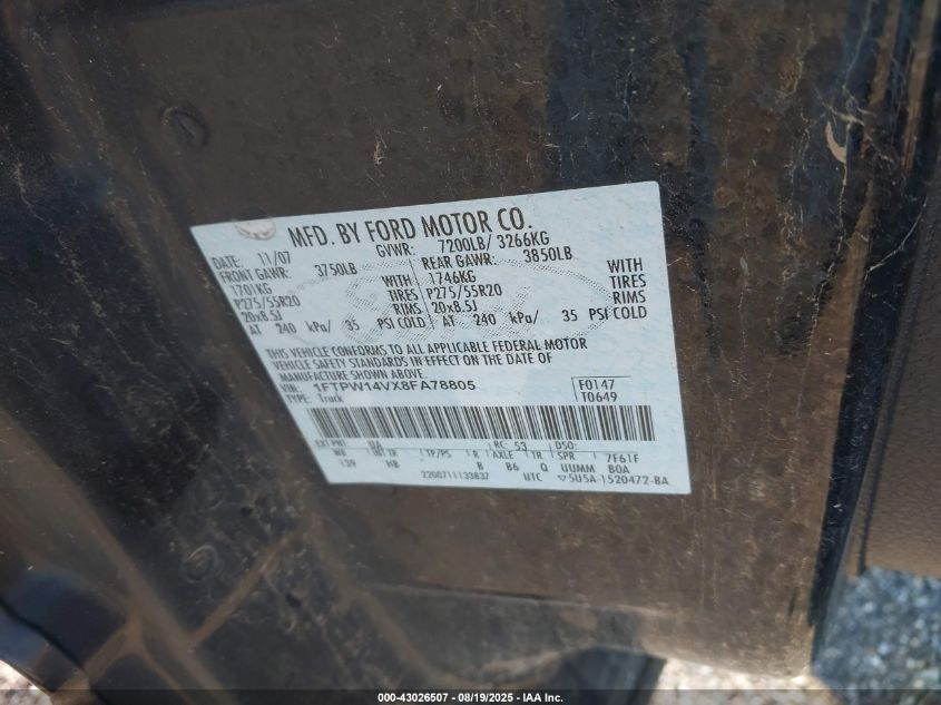 2008 Ford F-150 60Th Anniversary/Fx4/King Ranch/Lariat/Xlt VIN: 1FTPW14VX8FA78805 Lot: 43026507