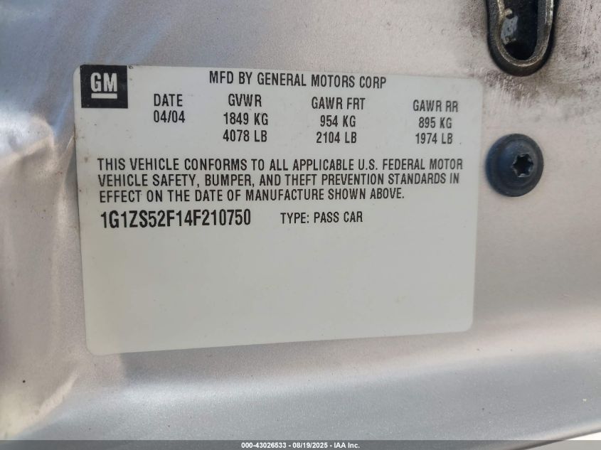 2004 Chevrolet Malibu VIN: 1G1ZS52F14F210750 Lot: 43026533