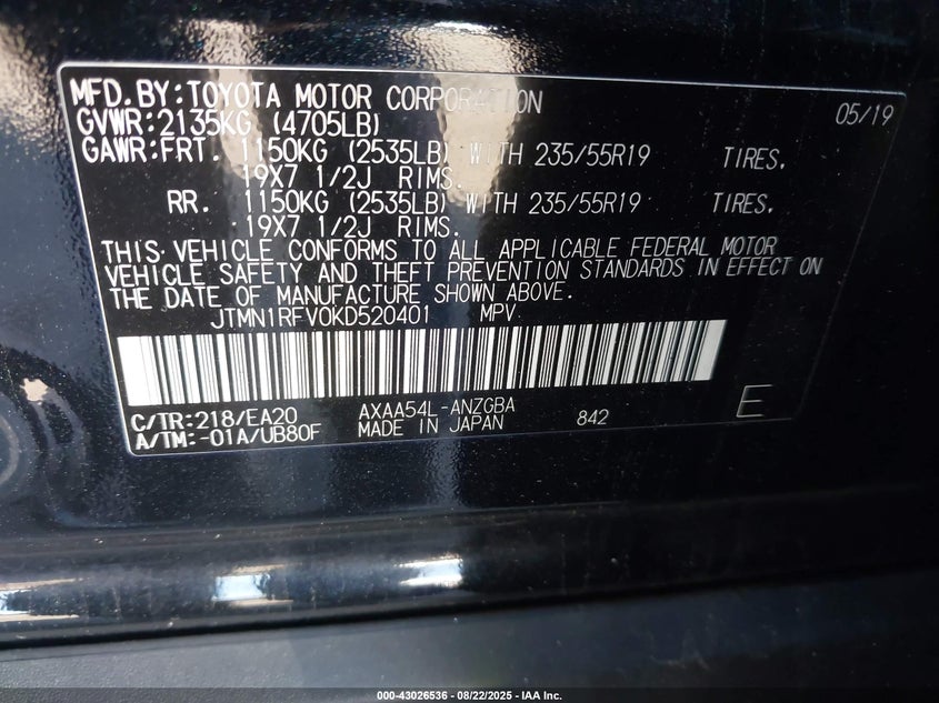 2019 TOYOTA RAV4 LIMITED - JTMN1RFV0KD520401