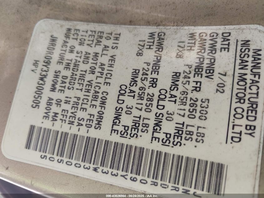 2003 Infiniti Qx4 Luxury VIN: JNRDR09Y33W300505 Lot: 43026564