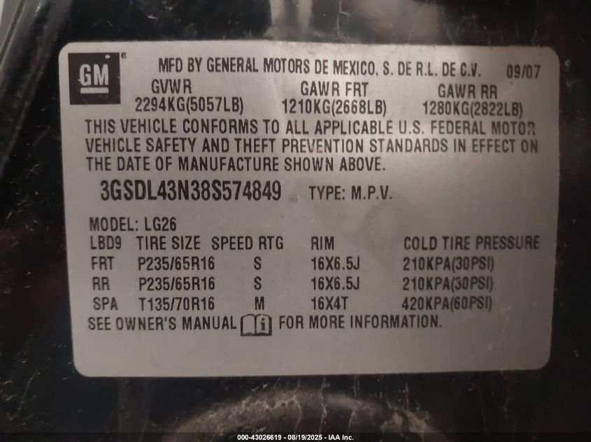 2008 Saturn Vue V6 Xe VIN: 3GSDL43N38S574849 Lot: 43026619