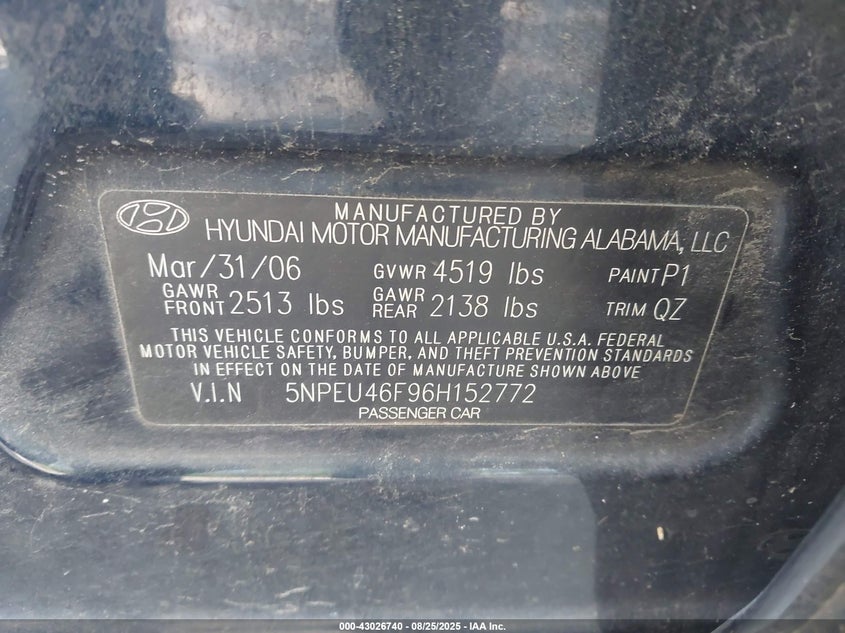 5NPEU46F96H152772 2006 HYUNDAI SONATA photo no. 9
