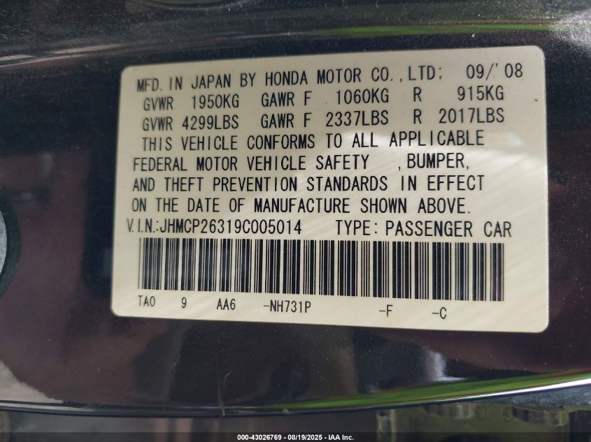 2009 Honda Accord 2.4 Lx VIN: JHMCP26319C005014 Lot: 43026769