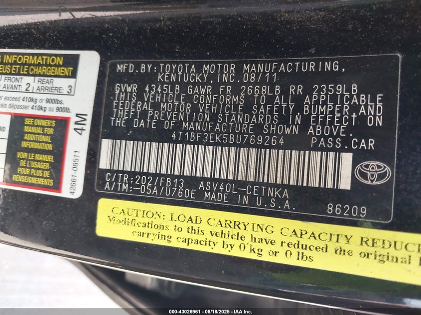 2011 Toyota Camry Le VIN: 4T1BF3EK5BU769264 Lot: 43026961