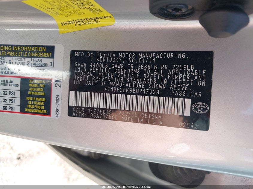 2011 Toyota Camry Se VIN: 4T1BF3EK8BU217029 Lot: 43027215