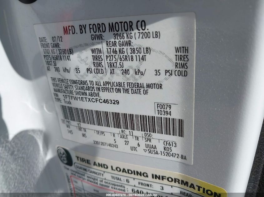 2012 Ford F-150 Xlt VIN: 1FTFW1ETXCFC46329 Lot: 43027270