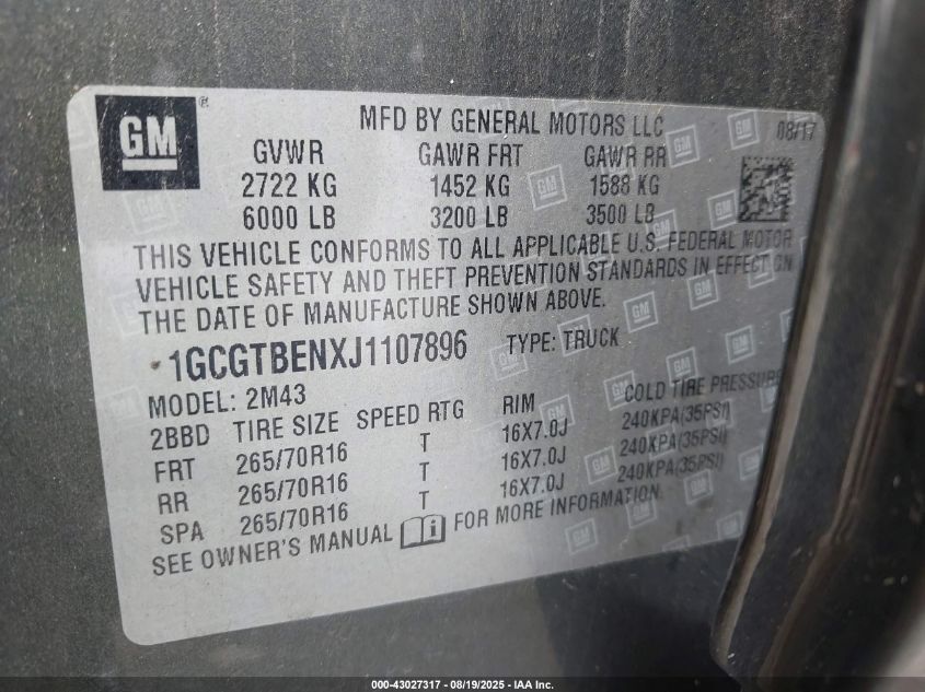 2018 Chevrolet Colorado Wt VIN: 1GCGTBENXJ1107896 Lot: 43027317