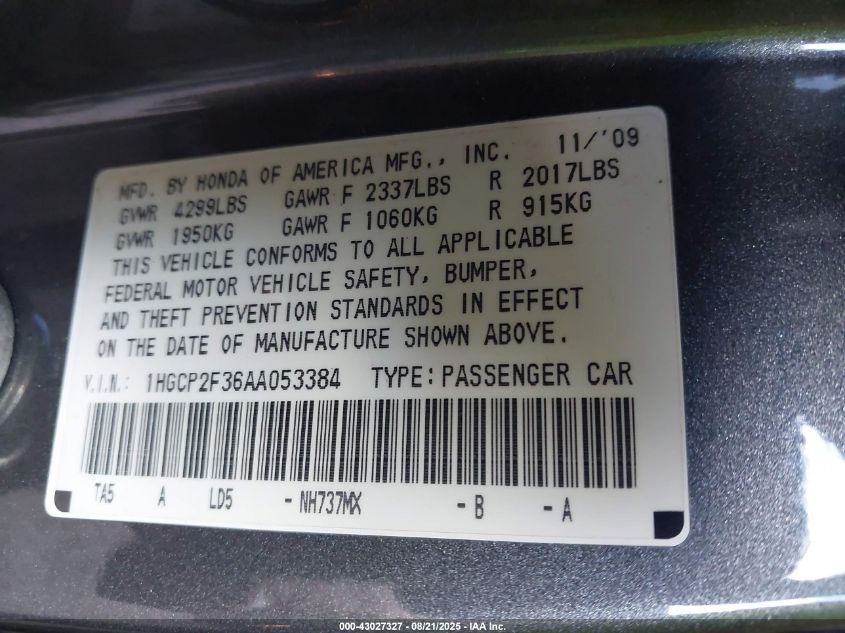 2010 Honda Accord 2.4 Lx VIN: 1HGCP2F36AA053384 Lot: 43027327