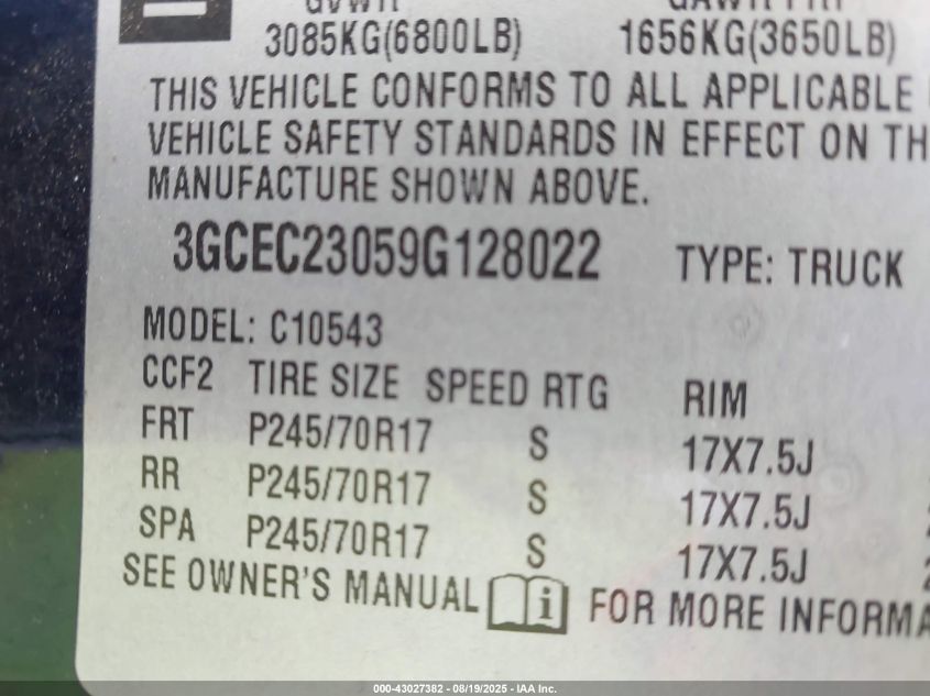 2009 Chevrolet Silverado 1500 Lt VIN: 3GCEC23059G128022 Lot: 43027382