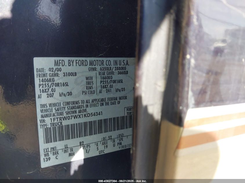2001 Ford F-150 Harley-Davidson Edition/King Ranch Edition/Lariat/Xlt VIN: 1FTRW07WX1KD54341 Lot: 43027384