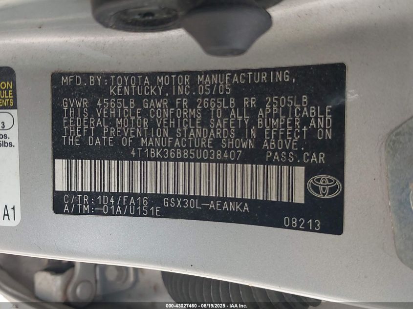 2005 Toyota Avalon Xl VIN: 4T1BK36B85U038407 Lot: 43027460