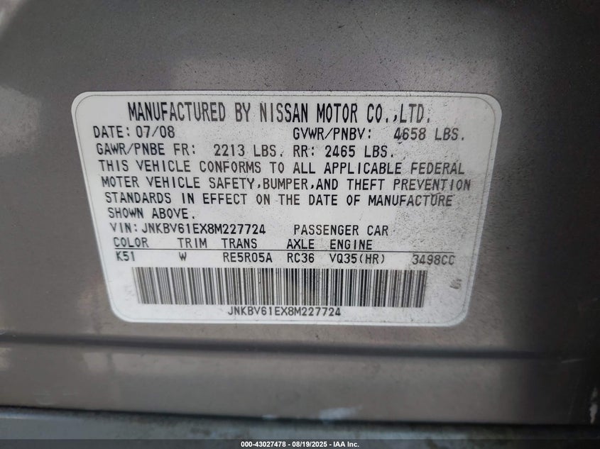 2008 Infiniti G35 Journey VIN: JNKBV61EX8M227724 Lot: 43027478