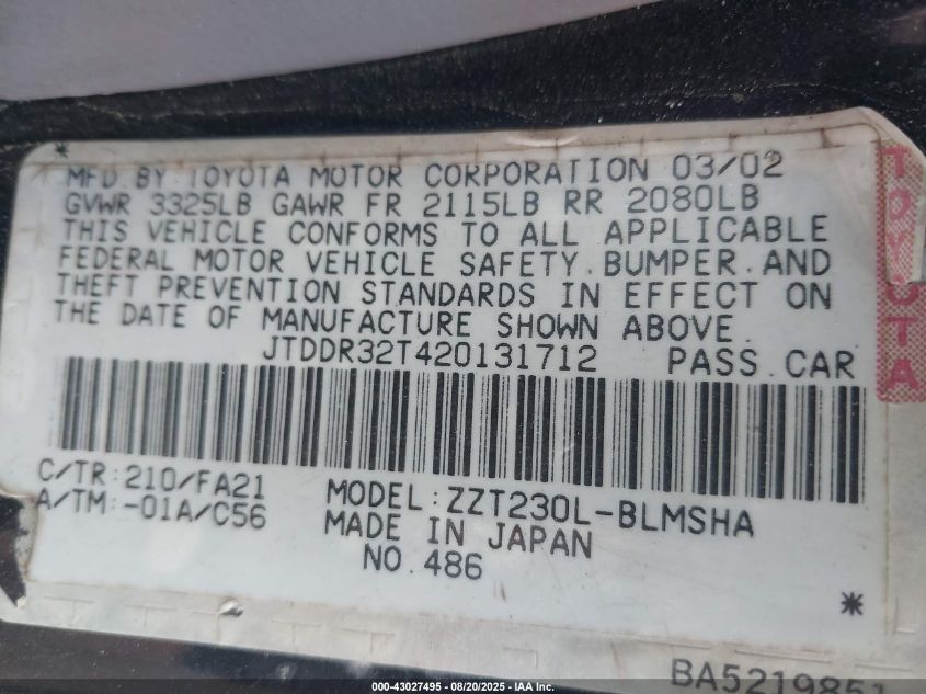 2002 Toyota Celica Gt VIN: JTDDR32T420131712 Lot: 43027495