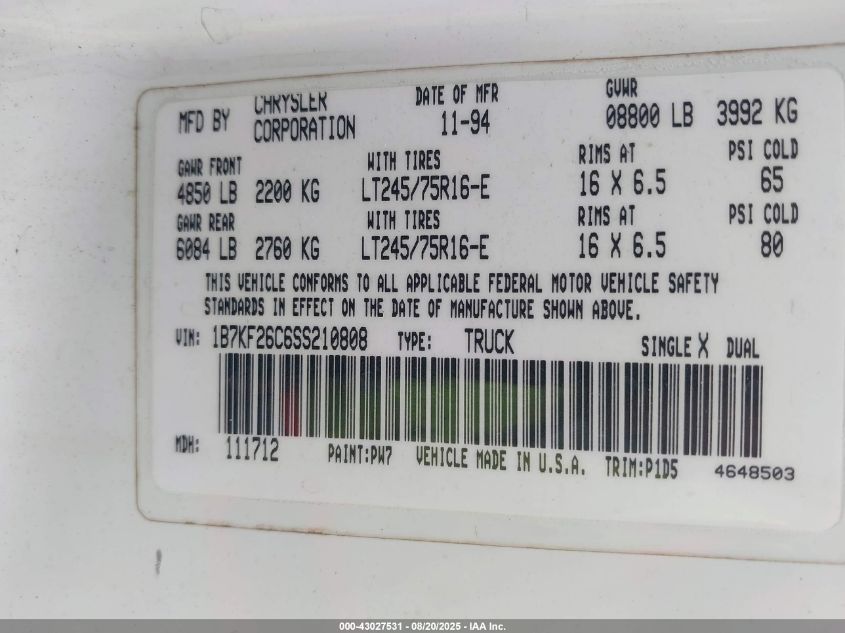1995 Dodge Ram 2500 VIN: 1B7KF26C6SS210808 Lot: 43027531