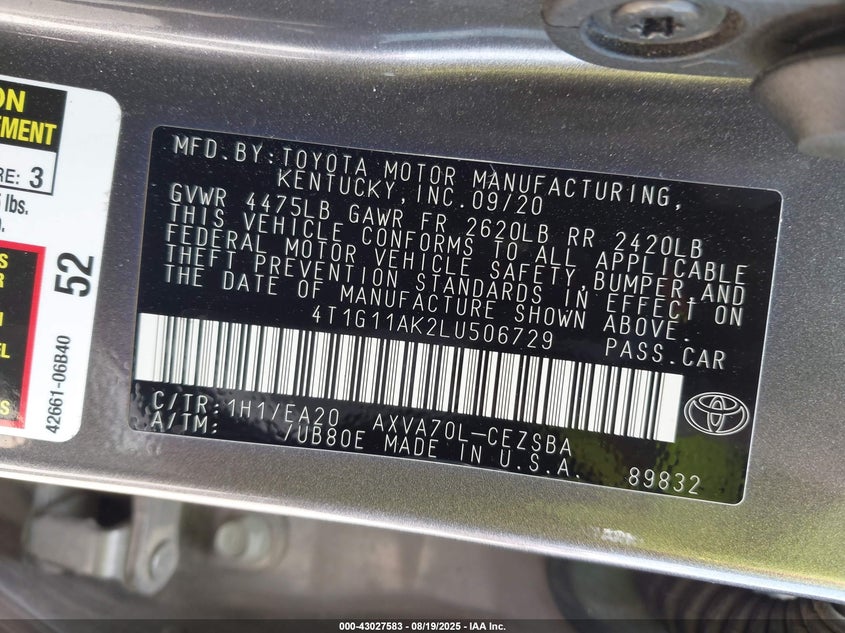 2020 TOYOTA CAMRY SE - 4T1G11AK2LU506729