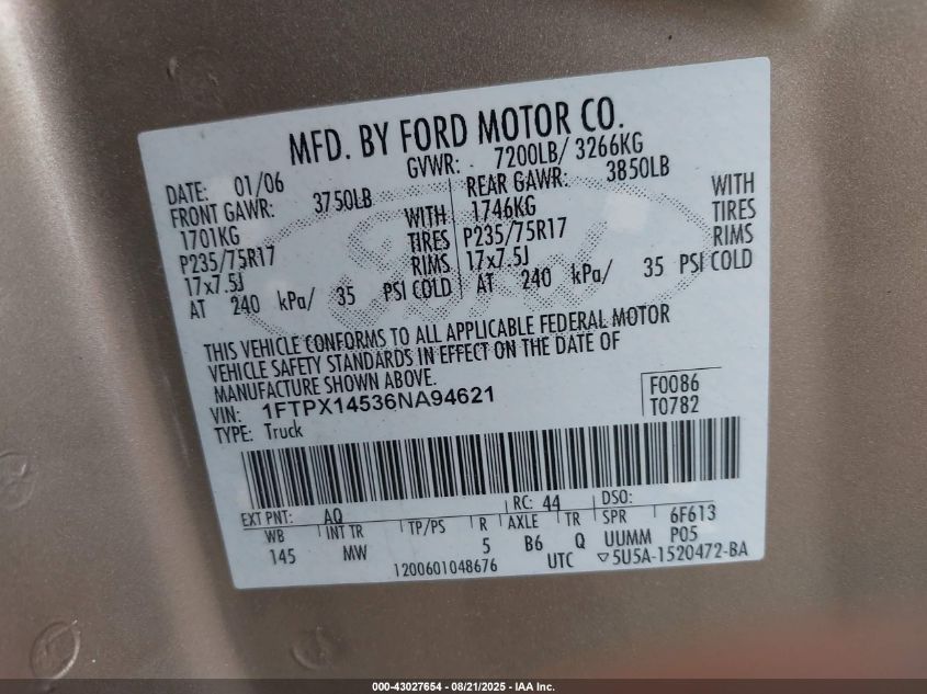 2006 Ford F-150 Fx4/Lariat/Xl/Xlt VIN: 1FTPX14536NA94621 Lot: 43027654