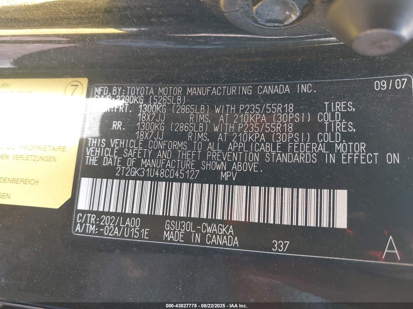 2008 Lexus Rx 350 VIN: 2T2GK31U48C045127 Lot: 43027778