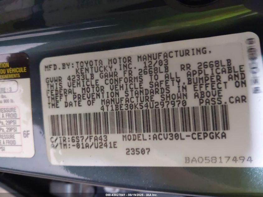 2004 Toyota Camry Xle VIN: 4T1BE30K54U297970 Lot: 43027841