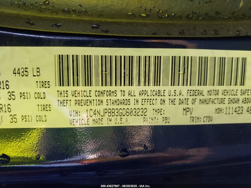 2016 JEEP PATRIOT SPORT - 1C4NJPBB3GD603232