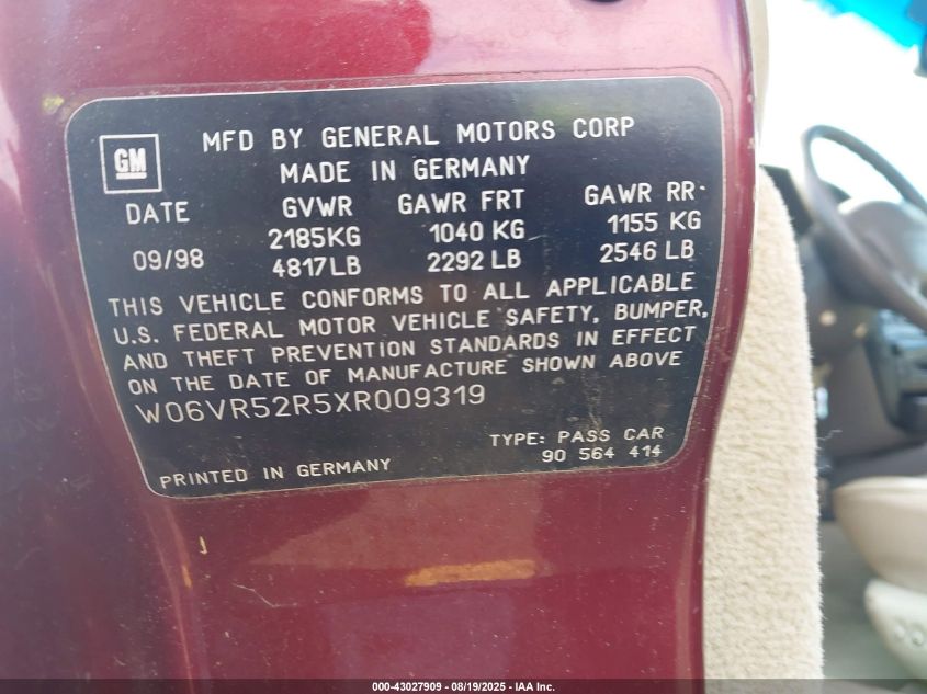 1999 Cadillac Catera Standard VIN: W06VR52R5XR009319 Lot: 43027909