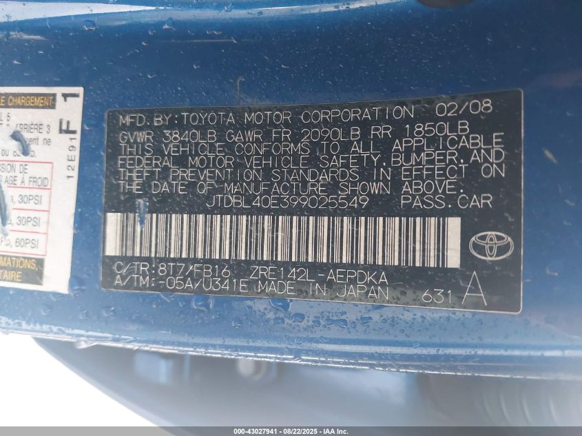 2009 Toyota Corolla VIN: JTVDL40E399025546 Lot: 43027941