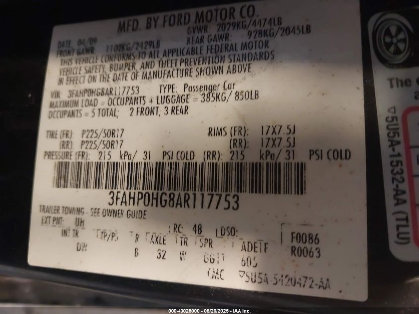 2010 Ford Fusion Se VIN: 3FAHP0HG8AR117753 Lot: 43028000