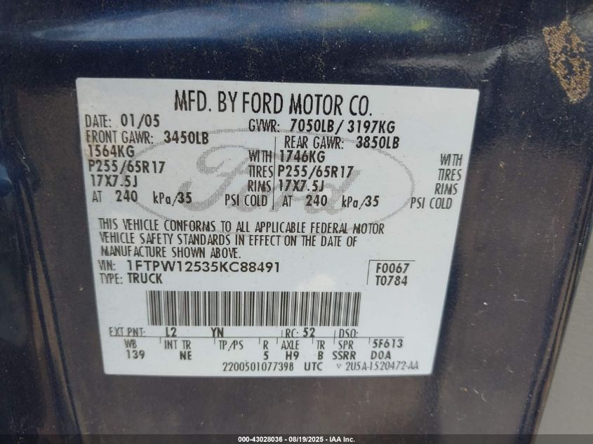 2005 Ford F-150 Lariat/Xlt VIN: 1FTPW12535KC88491 Lot: 43028036