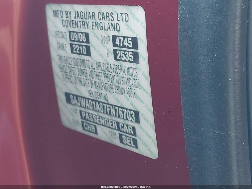 2007 Jaguar S-Type 3.0 V6 VIN: SAJWA01A87FN76703 Lot: 43028042