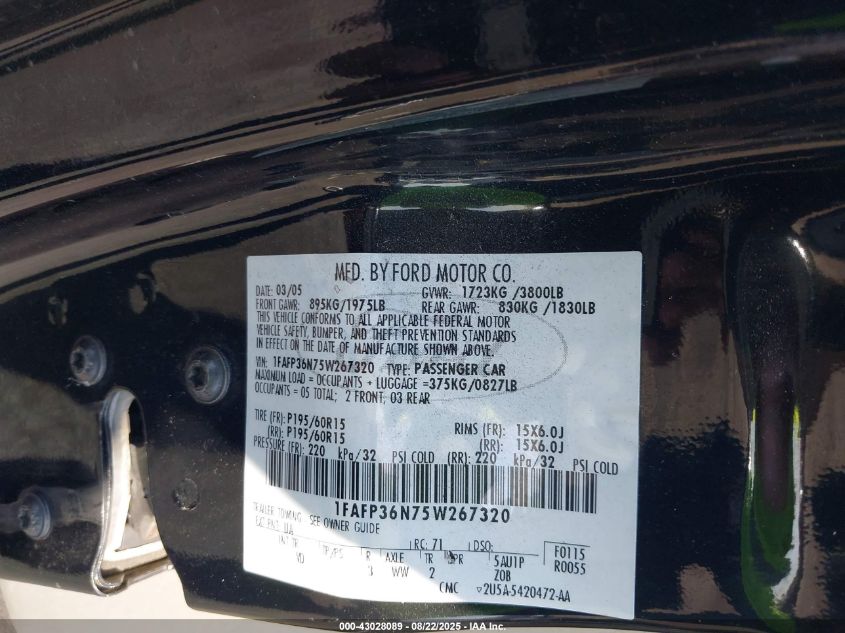 2005 Ford Focus Zxw VIN: 1FAFP36N75W267320 Lot: 43028089