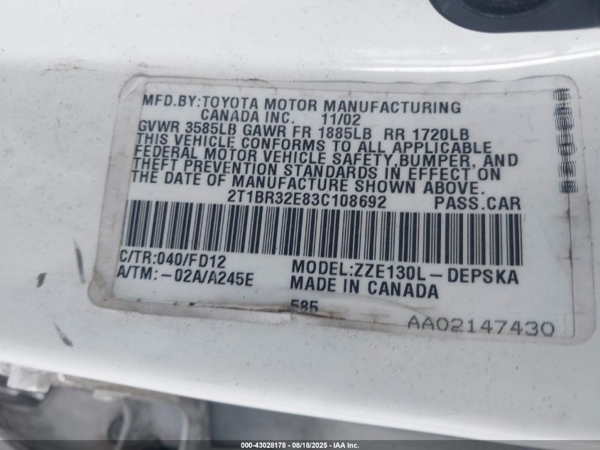 2003 Toyota Corolla S VIN: 2T1BR32E83C108692 Lot: 43028178