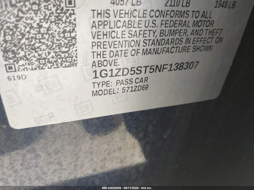 2022 Chevrolet Malibu Fwd Lt VIN: 1G1ZD5ST5NF138307 Lot: 43028209