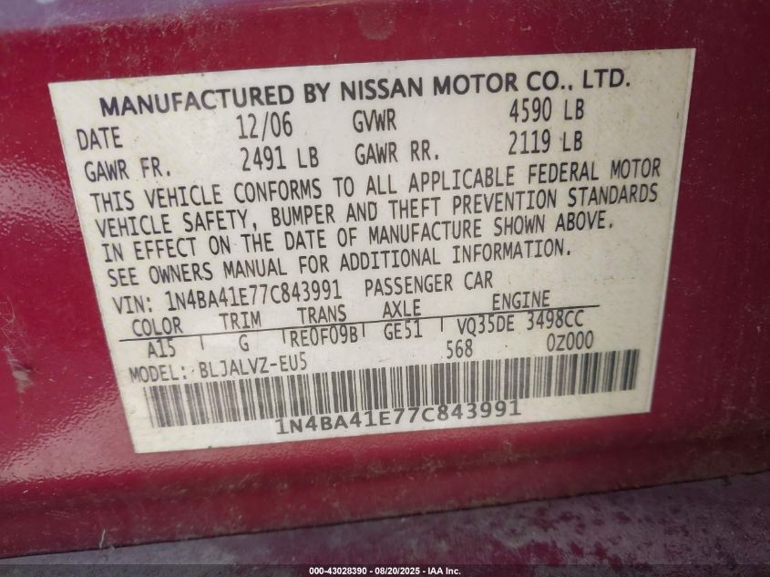 2007 Nissan Maxima 3.5 Se VIN: 1N4BA41E77C843991 Lot: 43028390