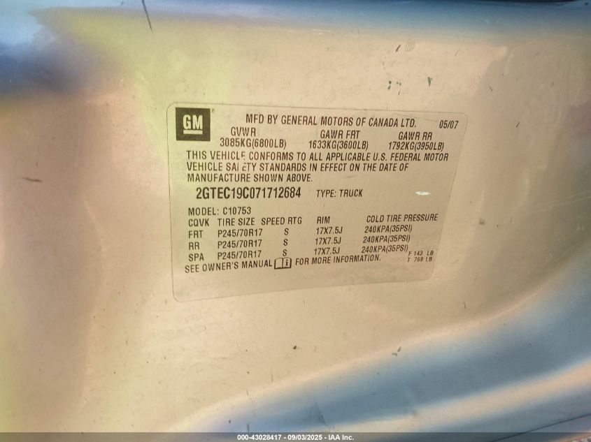 2007 GMC New Sierra C1500 VIN: 2GTEC19C071712684 Lot: 43028417