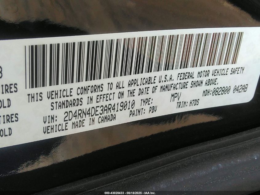 2010 Dodge Grand Caravan Se VIN: 2D4RN4DE3AR419010 Lot: 43028433