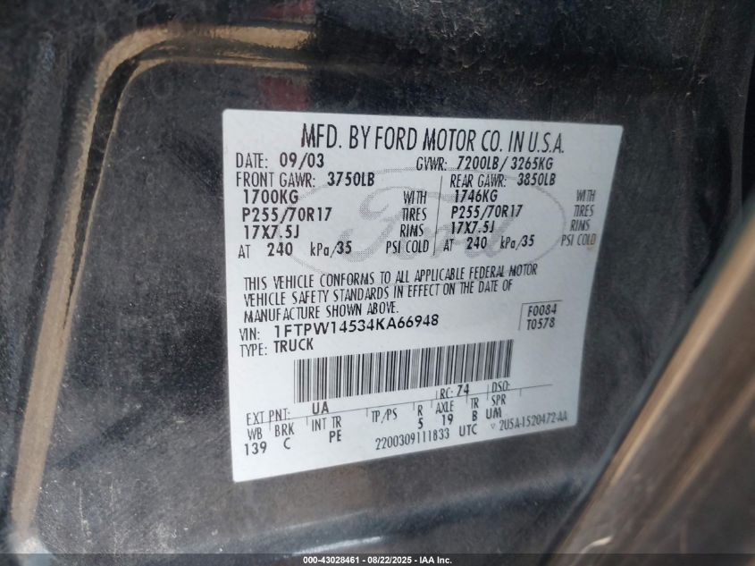 2004 Ford F-150 Fx4/Lariat/Xlt VIN: 1FTPW14534KA66948 Lot: 43028461