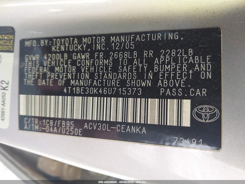 2006 Toyota Camry Le VIN: 4T1BE30K46U715373 Lot: 43028505