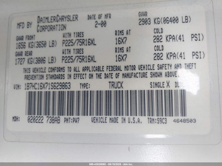 2001 Dodge Ram 1500 St/Ws VIN: 1B7HC16X71S629863 Lot: 43028565