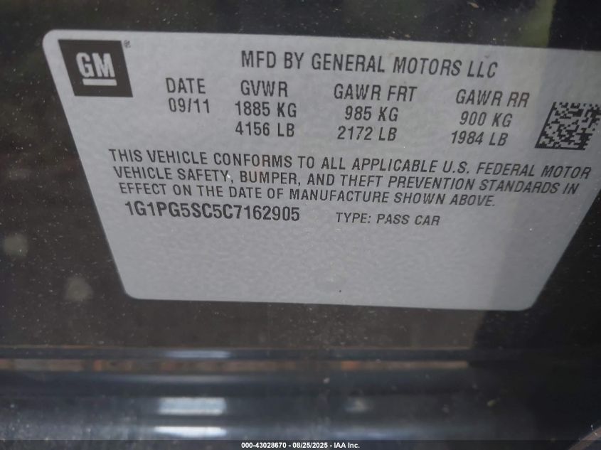 2012 Chevrolet Cruze 2Lt VIN: 1G1PG5SC5C7162905 Lot: 43028670