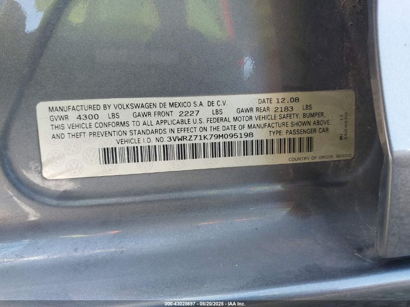 2009 Volkswagen Jetta Se VIN: 3VWRZ71K79M095198 Lot: 43028697